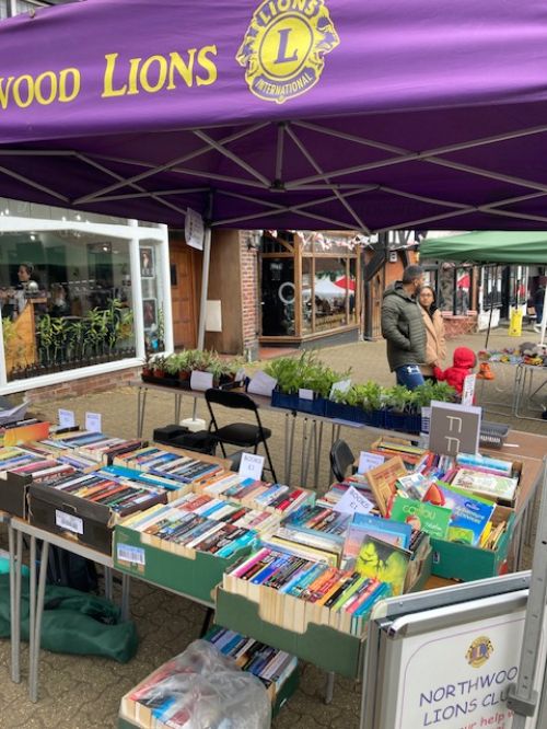 Stall set out with books for children and adults, dvds, houseplants and perennials for the garden grown by Lion Barbara