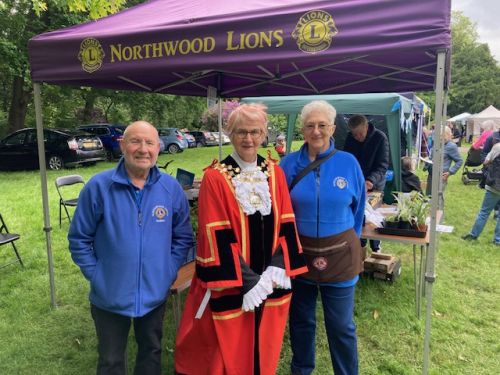 Mayor with Lions Barbara and Robert at Eastcote House Gardens stall